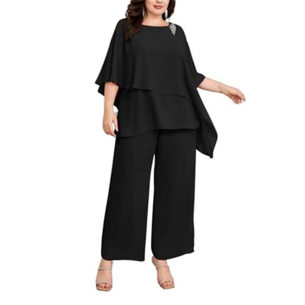 Plus Size Mother of Bride Pant Suits 2 Piece Chiffon Sets Ruffle Layers Wedding